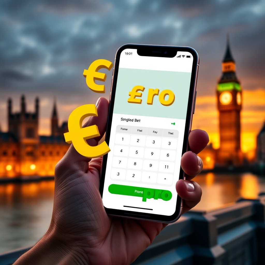 A hand holding a high-end smartphone displaying a professional Single Bet Calculator app with a clean white and green interface, background is the London skyline with the Big Ben and Westminster at sunset, 3D golden British Pound symbols (£) and green pro
